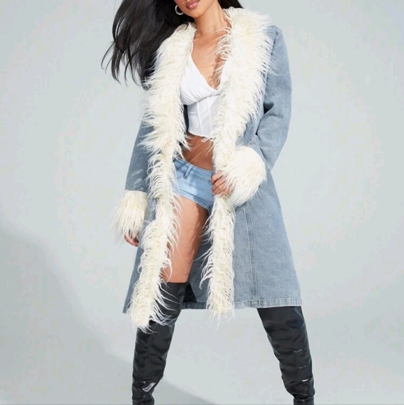Women's Winter Faux Fur Trim Patchwork Long Sleeve Denim Jacket,Fashion - Picture 1 of 5